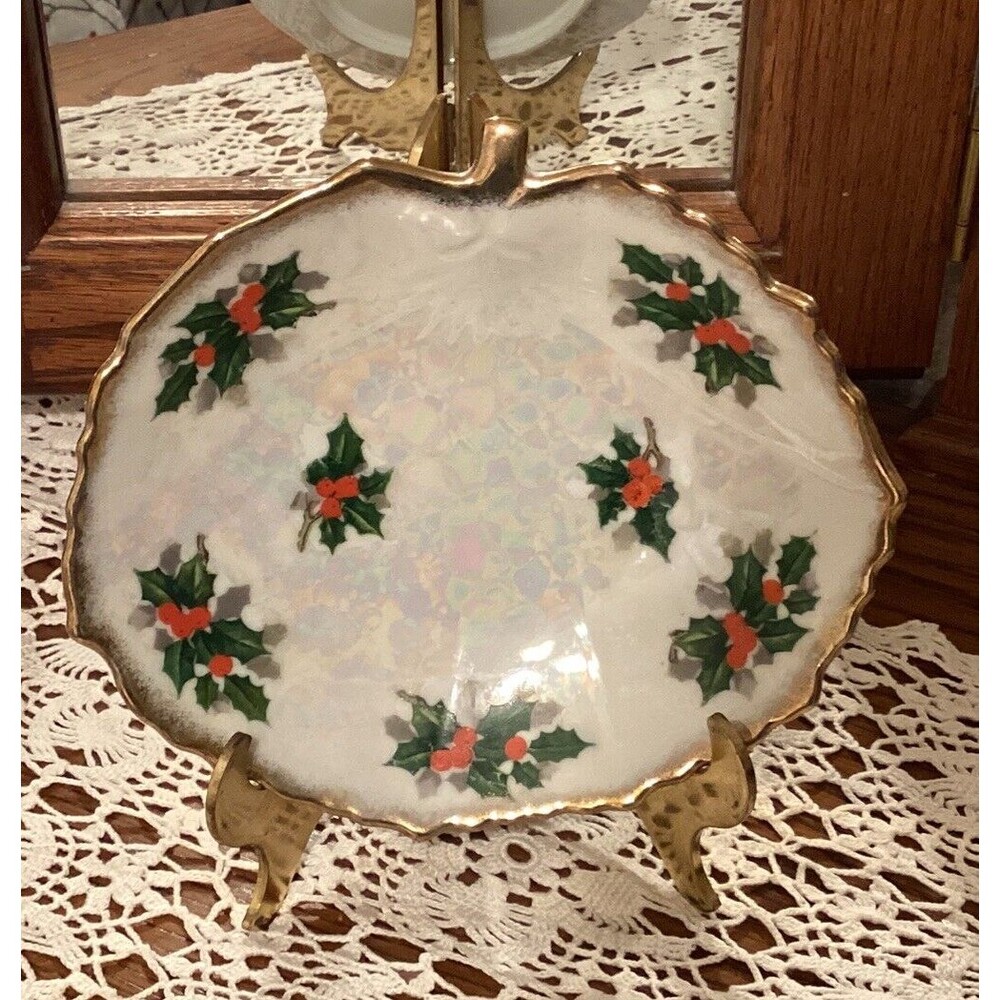 Holly Christmas Dish With Gold Trim Mother of Pearl Ucagco Japan 7in